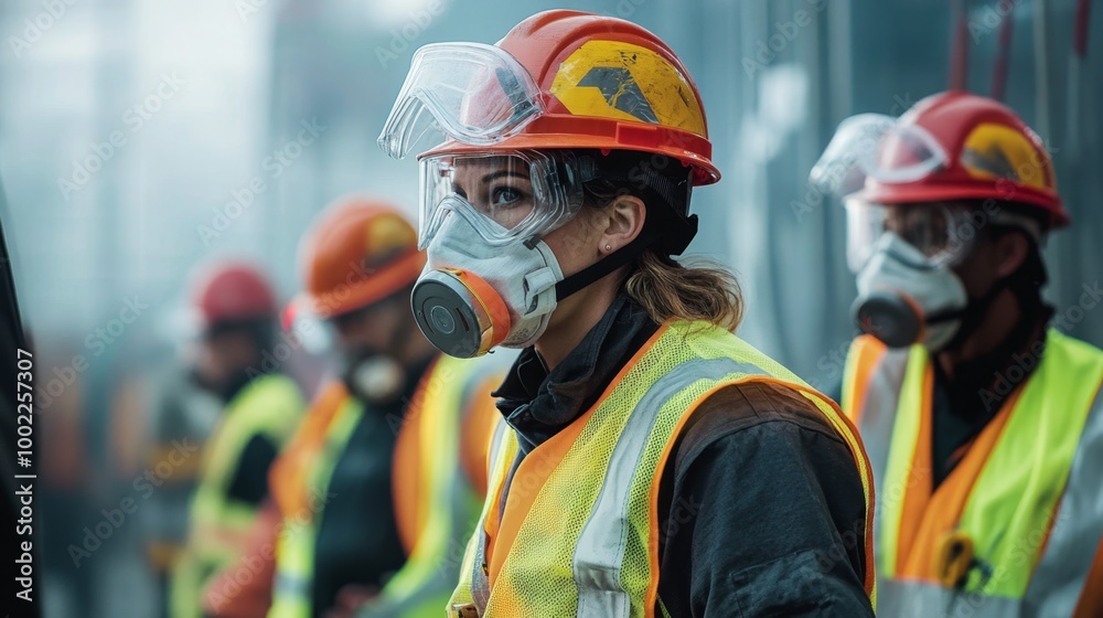 Obraz premium Workers on site wearing full safety gear including helmets, gloves, and reflective vests
