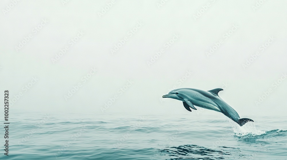 Fototapeta premium A dolphin leaping from water, head above surface, tail emerging