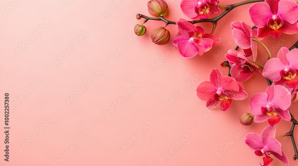 A pink orchid branch on a pink background, featuring a spot for text or image insertion A pink orchid branch on a pink background, featuring a spot for text or image insertion