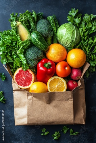 Fresh produce assortment in a brown paper bag on a textured black surface