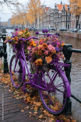 Colorful purple bicycle adorned with flowers by a canal in autumn in Amsterdam