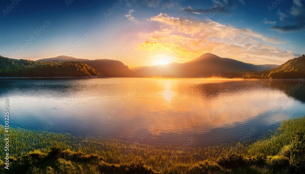 Obraz premium Panorama of beautiful sunrise over lake 