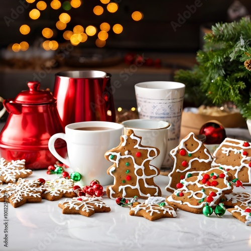 kitchen counter filled with Christmas cookies