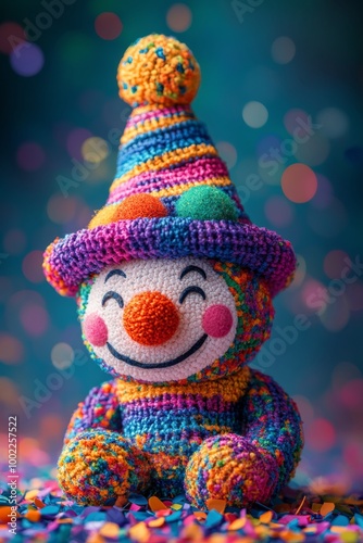 A colorful clown celebrates at a lively street festival filled with confetti ...