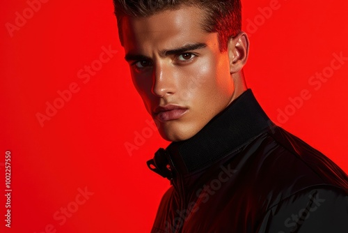 Close-up portrait of a young man with a serious expression, wearing a black jacket against a red background. photo