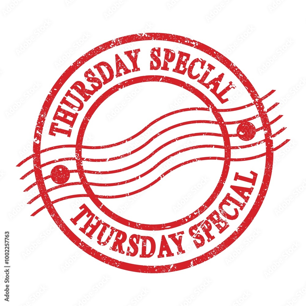 THURSDAY SPECIAL, text written on red postal stamp. THURSDAY SPECIAL, text written on red postal stamp.