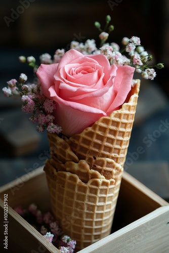Pink roses arranged in a waffle cone with petals scattered on a table