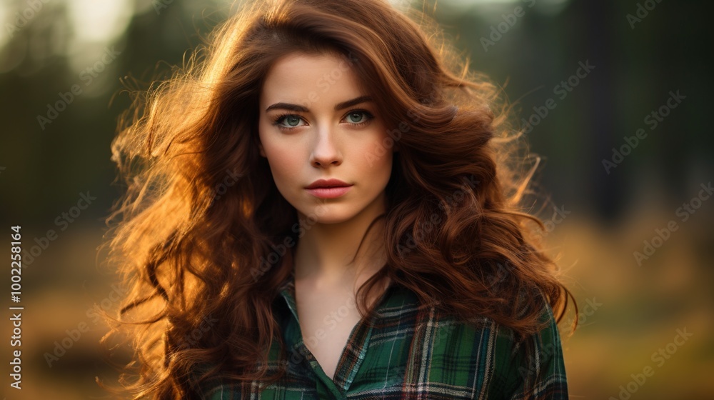 Radiant Charm: A Half-Body Portrait of a Beautiful Brunette Scottish Girl with Green Eyes and a Messy Beehive Hairstyle in a Tartan Shirt Radiant Charm: A Half-Body Portrait of a Beautiful Brunette Scottish Girl with Green Eyes and a Messy Beehive Hairstyle in a Tartan Shirt