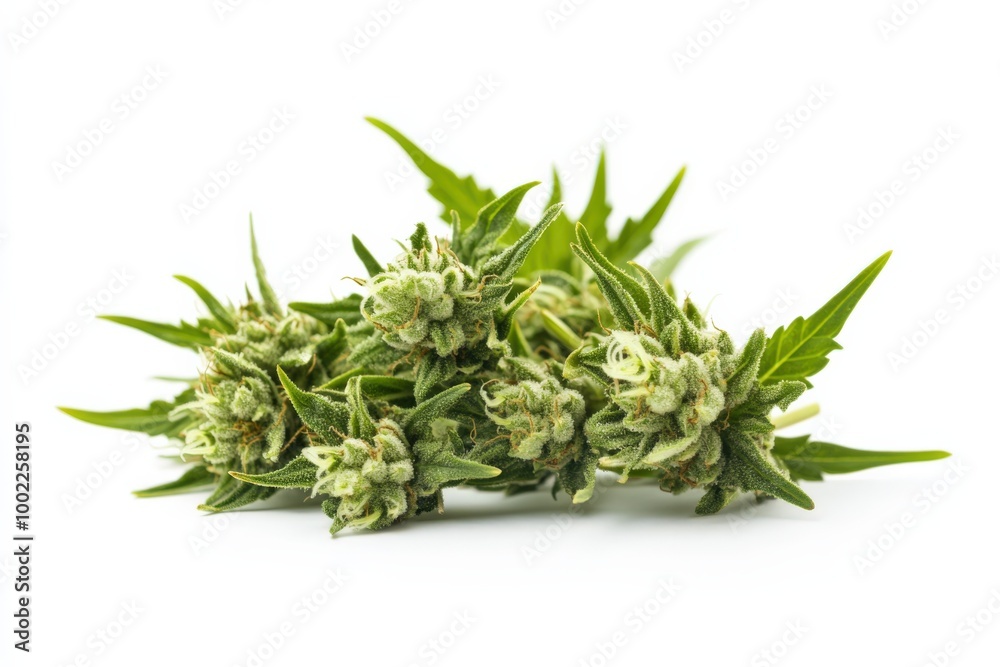 Hemp Flower. Macro of Medical Cannabis Bud in Green Leaves Isolated on White Background Hemp Flower. Macro of Medical Cannabis Bud in Green Leaves Isolated on White Background