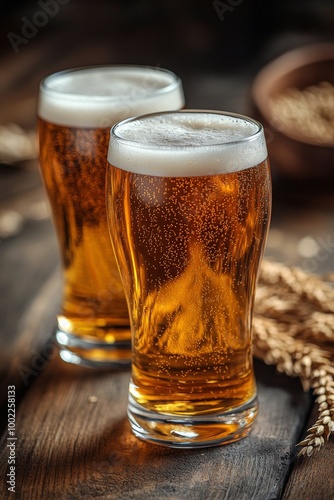 Refreshing craft beer served in tall glasses with barley on a rustic wooden t...
