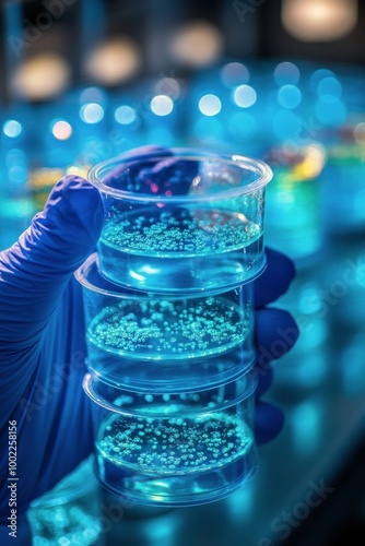 Scientist examines bacteria culture in petri dish during research in laborato...
