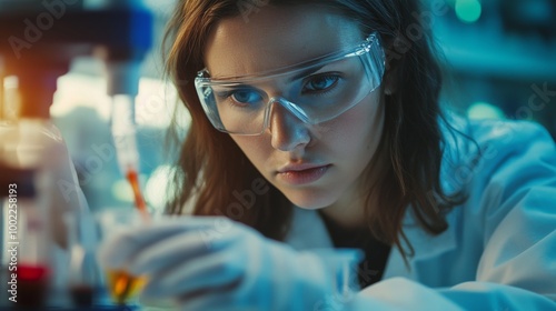 Female Scientist in Lab Coat Carefully Working with Chemicals