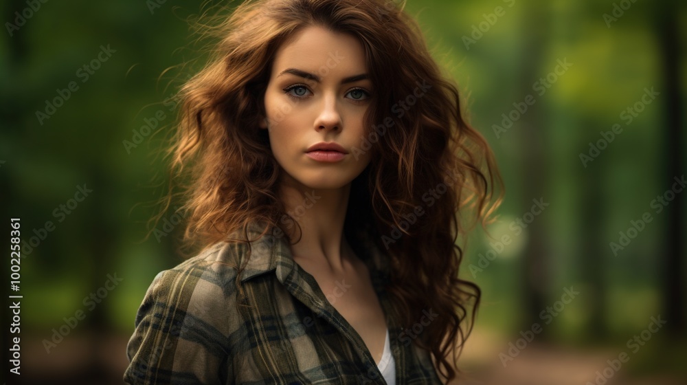 Radiant Charm: A Half-Body Portrait of a Beautiful Brunette Scottish Girl with Green Eyes and a Messy Beehive Hairstyle in a Tartan Shirt Radiant Charm: A Half-Body Portrait of a Beautiful Brunette Scottish Girl with Green Eyes and a Messy Beehive Hairstyle in a Tartan Shirt