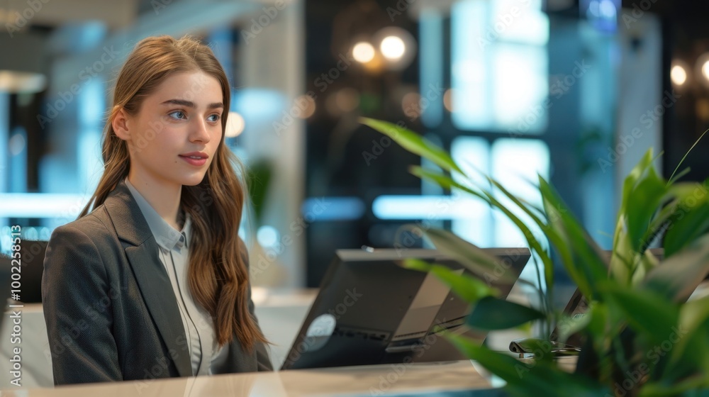 Professional Receptionist Assisting Clients at Front Desk Professional Receptionist Assisting Clients at Front Desk