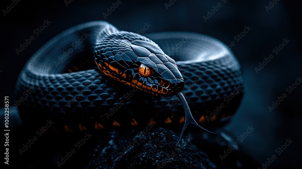 Fototapeta premium Close-up shot of a snake's head perched atop a rock, with radiant eyes shining brightly in low light