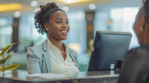 Friendly Receptionist Assisting Client at Front Desk