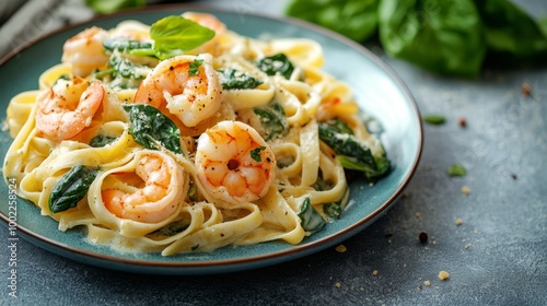 Shrimp fettuccine with spinach and tomatoes served on a dark plate