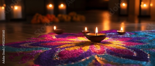 Illuminate the festive spirit of Diwali with vibrant colors, glowing diyas, and intricate rangoli designs, capturing the warmth and joy of the Festival of Lights 