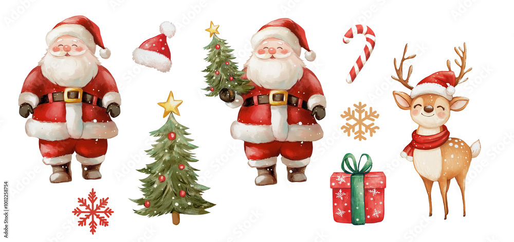 Festive illustrations of Santa Claus, Christmas tree, reindeer, and holiday decorations for celebrating the season Festive illustrations of Santa Claus, Christmas tree, reindeer, and holiday decorations for celebrating the season