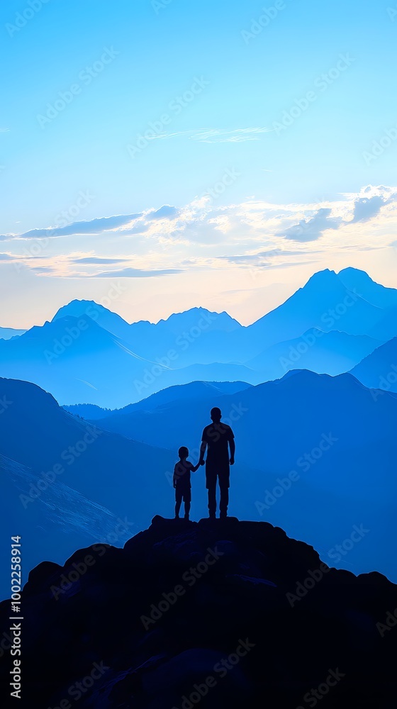 Fototapeta premium Silhouette of a father and son holding hands on top of a mountain at sunset, with mountains in the background