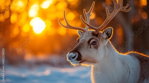 Reindeer grazes in the snowy landscape at sunset in a tranquil winter setting