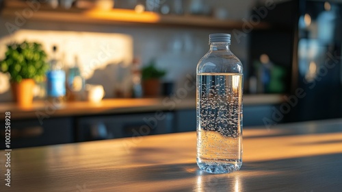 Clear glass of water beside a plastic bottle on a kitchen countertop