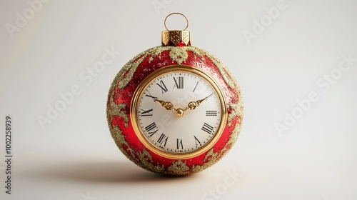 Elegant red ornament clock with Roman numerals resting on a white surface dur...