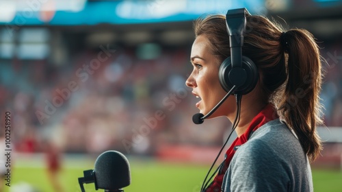 Wallpaper Mural Female Sports Commentator Speaking into Microphone at a Stadium Torontodigital.ca
