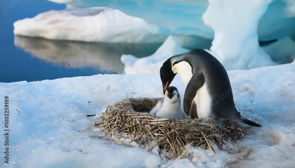 Obraz premium penguins nest with a chick walking around in the ice 