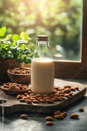 Almond milk and nuts arranged on textured background with rustic vibe