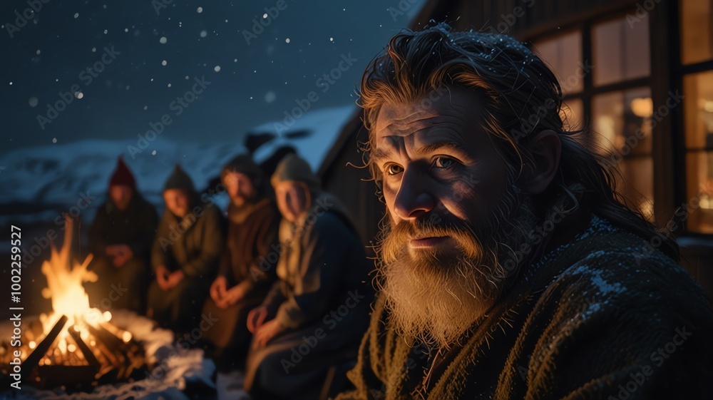 a man with a beard and long beard sits in front of a cabin with other people in the background. a man with a beard and long beard sits in front of a cabin with other people in the background.
