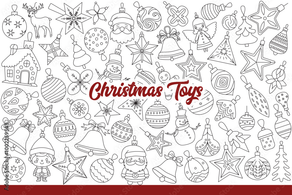 Christmas toys for decorating fir tree or fireplace and creating festive interior. Christmas toys in shape of snowman or animals and classic new year balls with simple ornament. Hand drawn.