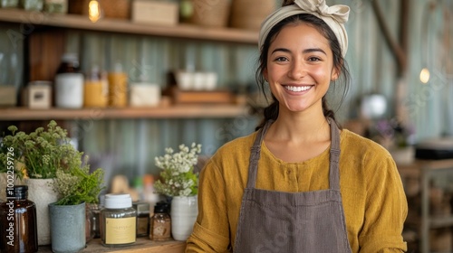 A smiling woman in a cozy shop displays handmade candles and natural products