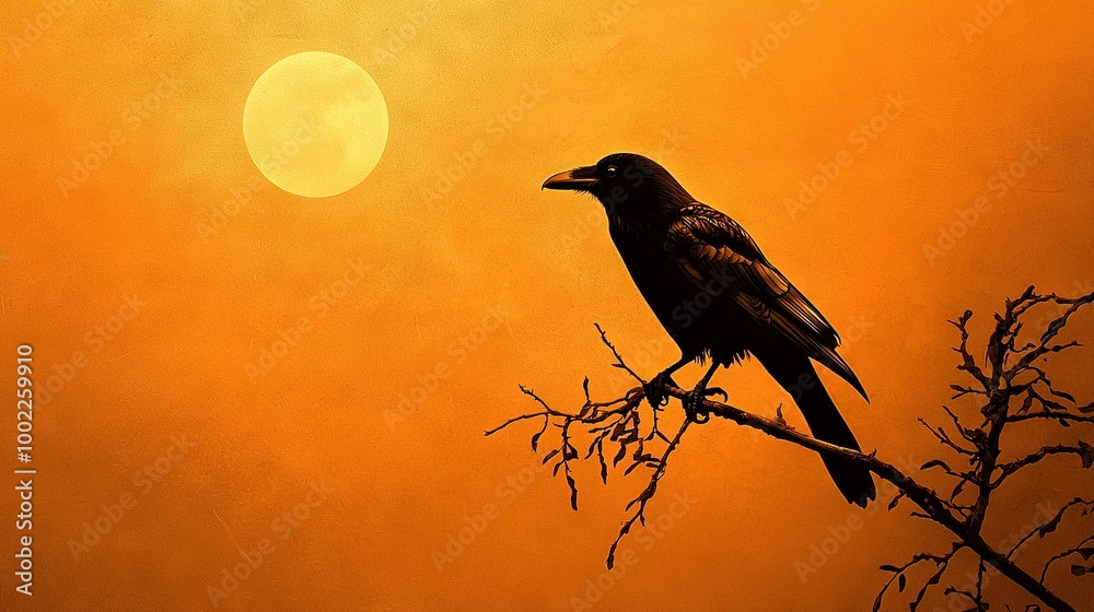  Black bird on tree branch against yellow sky and sun