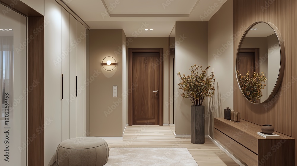 Modern hallway interior design featuring wooden accents, soft lighting, and decorative elements in a contemporary setting Modern hallway interior design featuring wooden accents, soft lighting, and decorative elements in a contemporary setting