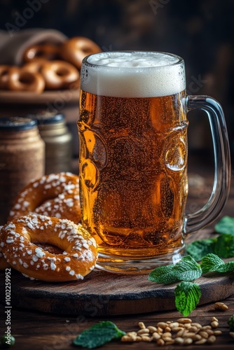 Enjoying a frosty beer with a pretzel and hops on a rustic wooden table