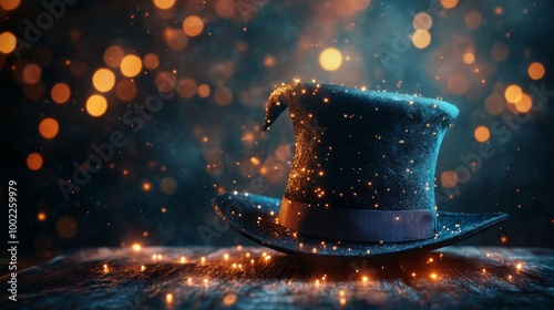 A vintage black top hat rests on a rustic wooden table illuminated by warm ev...