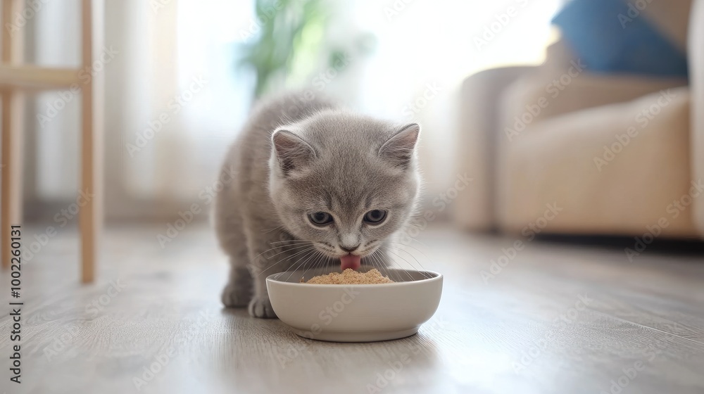 Obraz premium Adorable kitten eating from bowl. Perfect for pet food, animal care, or home decor.
