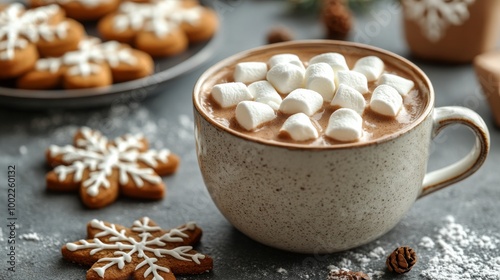Cozy hot chocolate topped with marshmallows and decorative cookies during win...