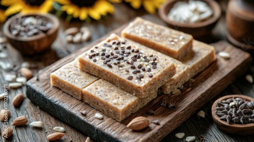 Sunflower seed soap bars on a wooden board with bright flowers in the background