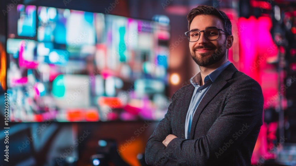 A Man in a Suit Smiles Confidently in Front of a Wall of Colorful Screens A Man in a Suit Smiles Confidently in Front of a Wall of Colorful Screens