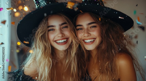 Two friends celebrating with confetti in Halloween costumes at a festive gath...