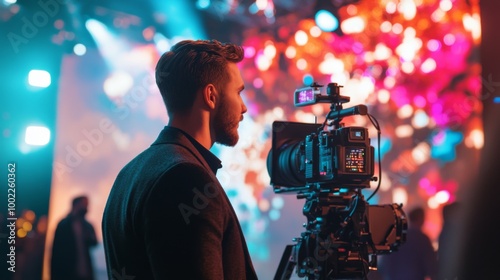 Cameraman Operating Professional Video Camera at Event with Colorful Lights