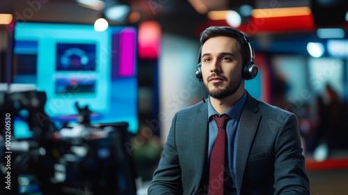 A man in a suit and headset looking off-camera in a studio setting