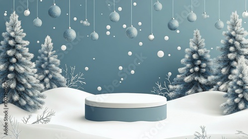 A snowy winter wonderland with golden ornaments and festive decorations in a ...