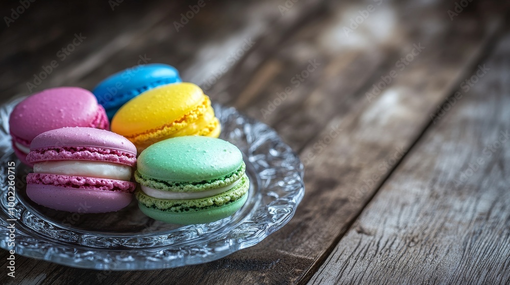 On a wooden table, a fancy glass plate holds four colorful French macarons. These delicate cookies come in green, yellow, blue, violet, and pink, each filled with a creamy center. On a wooden table, a fancy glass plate holds four colorful French macarons. These delicate cookies come in green, yellow, blue, violet, and pink, each filled with a creamy center.