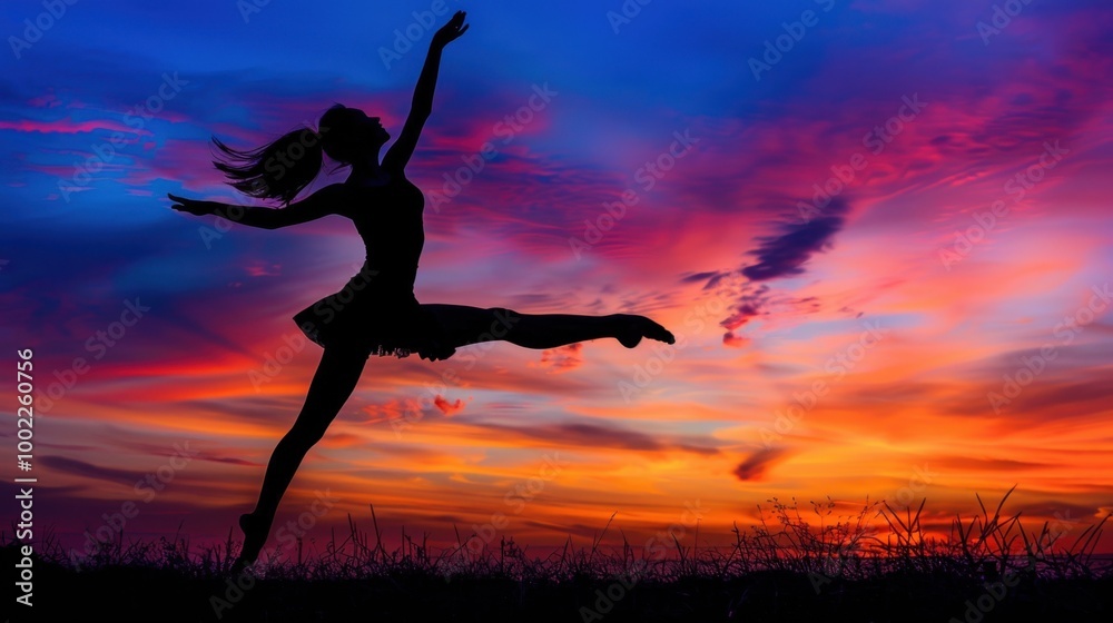 Dance Silhouette Against Colorful Sunset Sky Dance Silhouette Against Colorful Sunset Sky