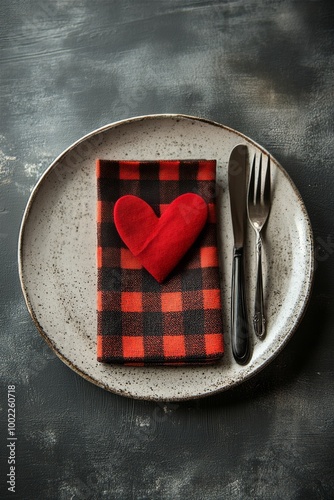 Elegant table setting with fork, plaid napkin, and greenery on a rustic plate