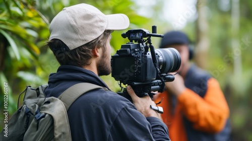 A man with a backpack and a camera films in a forest.