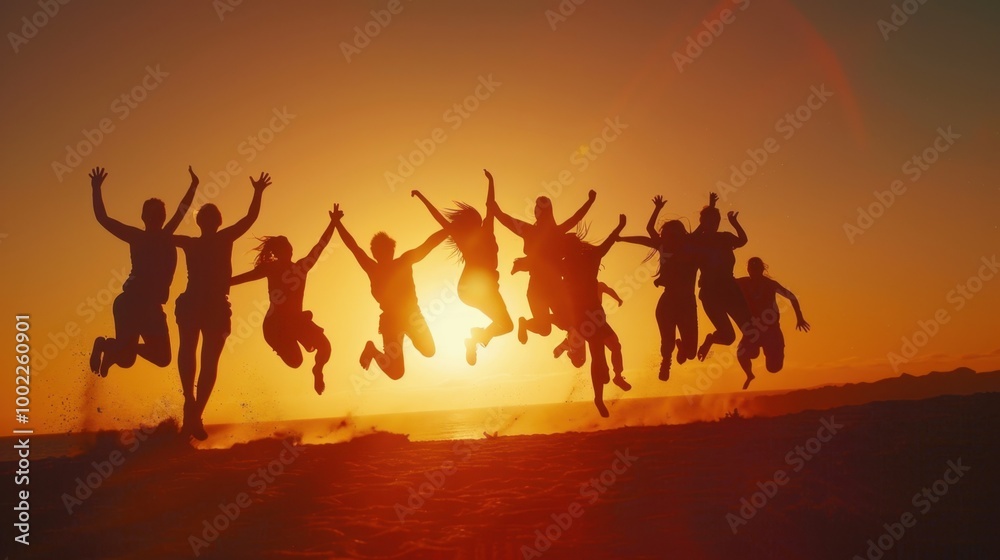 Joyful Group Silhouette Jumping at Sunset Joyful Group Silhouette Jumping at Sunset
